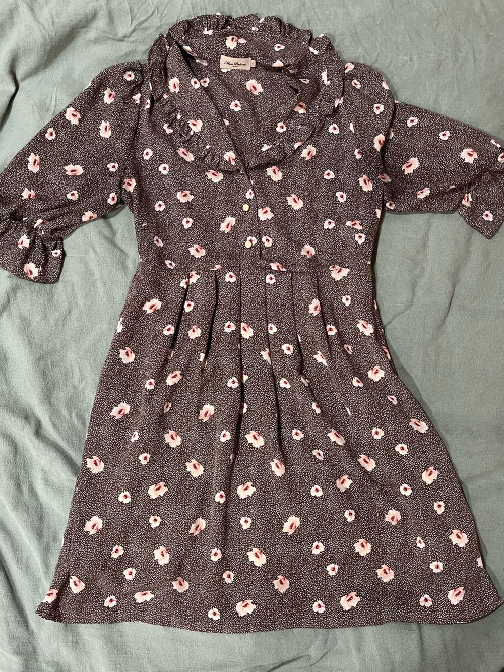 Miss Patina Brown Floral  Mini Dress with Soft Pink Blossoms